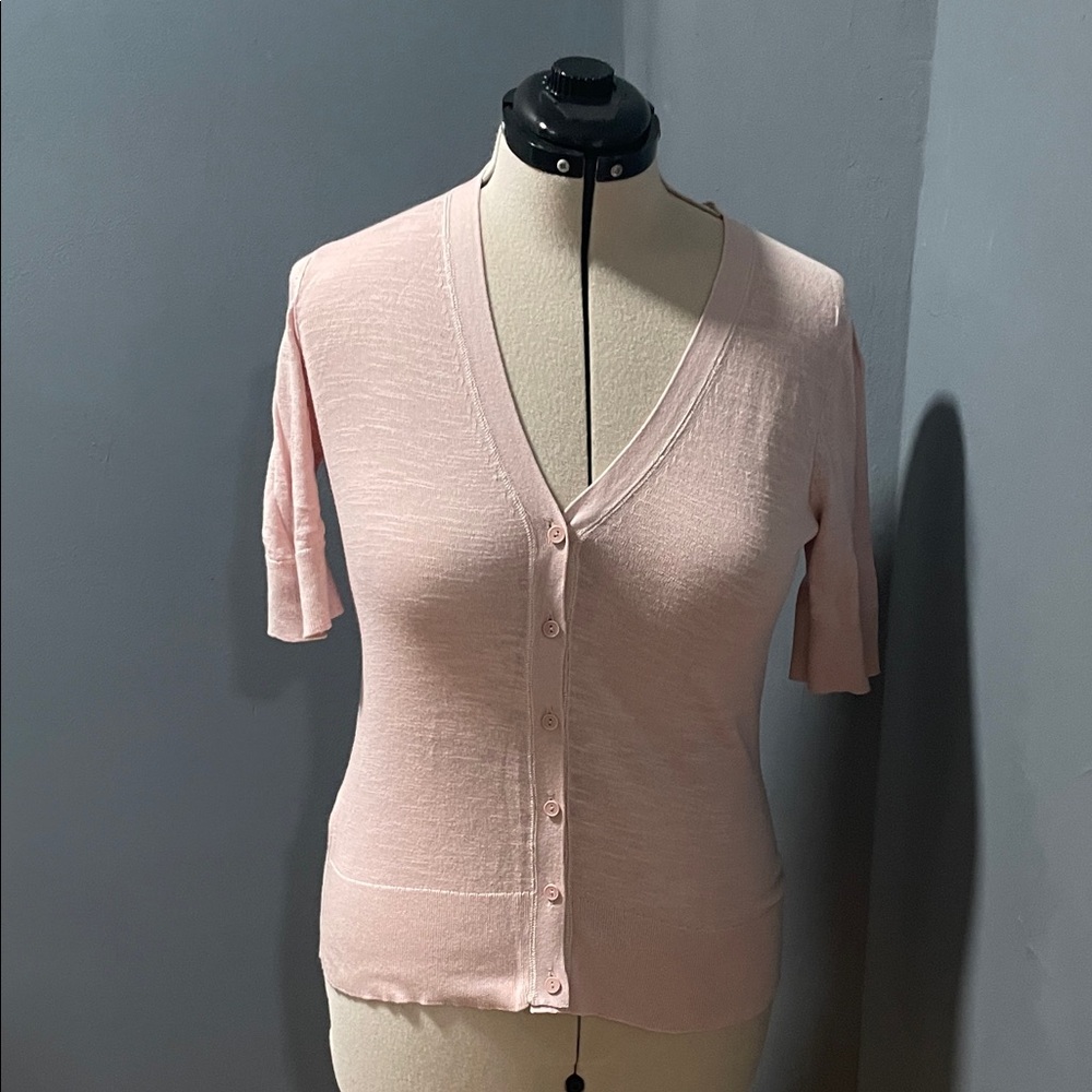 LOFT Pink V-Neck Button-Up Cotton Top Short Sleeve Size-Medium NWOT